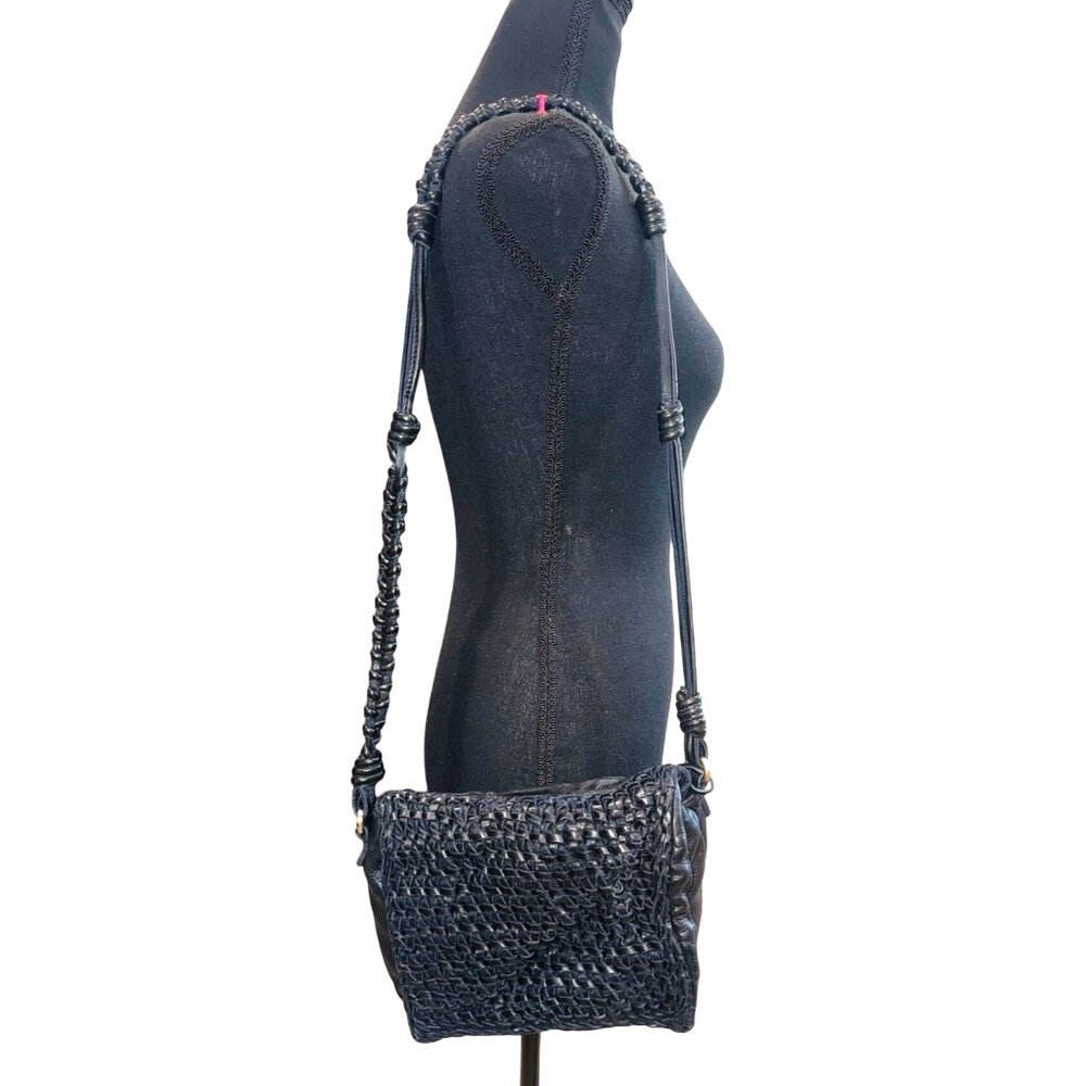 VTG Handwoven Black Leather Crossbody Handbag Adjustable Strap Textured Boho - Picture 2 of 16
